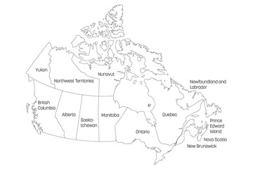 Map of Canada divided into 10 provinces and 3 territories. Administrative regions of Canada. White map with black outline and black region name labels. Vector illustration