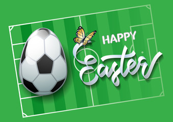 Happy Easter. Easter egg in the form of a soccer ball on a soccer field background. Vector illustration.