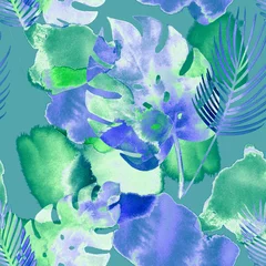 Fotobehang Eclectische stijl Tropische aquarel naadloze patroon, botanische moderne mode. Boheemse exotische Monstera textielontwerp. Winter, zomer vintage mode prints, eclectisch geschilderd bloemmotief. Druppels en Monstera.