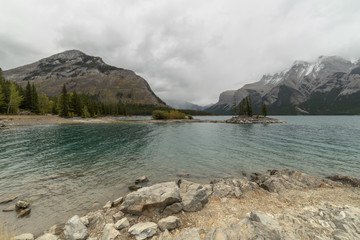 Lake Minnewanka with Mount Girouard and Mount Ashley behind in Banff National Park, Alberta, Canada