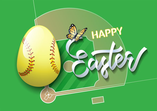 Happy Easter. Easter Egg In The Form Of A Softball Ball On A Softball Field Background. Vector Illustration.