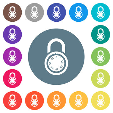 Locked round combination lock flat white icons on round color backgrounds