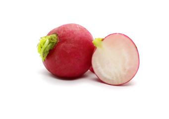 Red fresh radish whole and half isolated on white background.