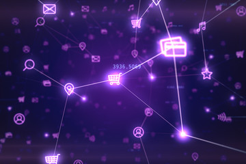 Background of randomly moving network and internet related things. Online shopping, social networks, connections, global connections. 3d illustration