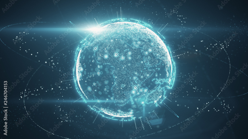 Poster 3d illustration of digital planet earth data abstract of a technological data network transmitting c