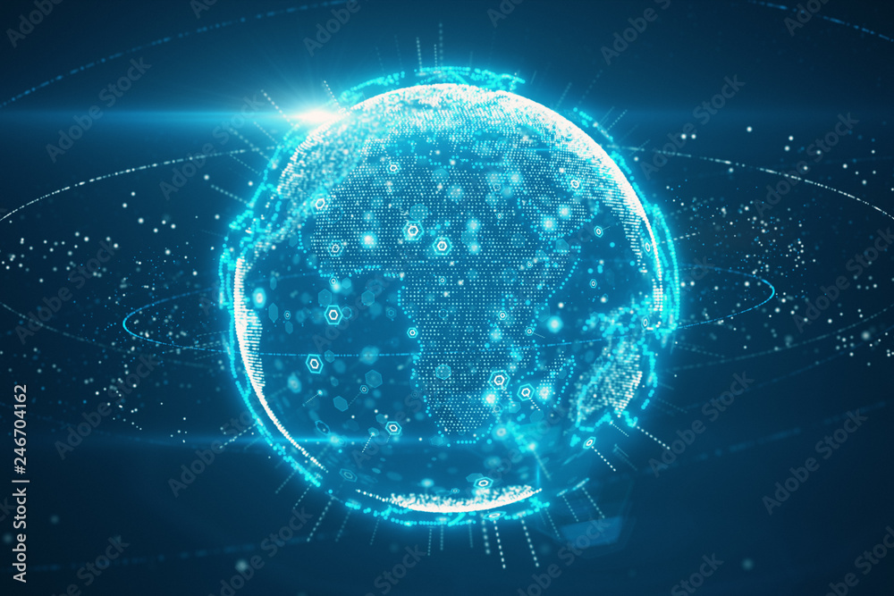 Poster 3d illustration of digital planet earth data abstract of a technological data network transmitting c
