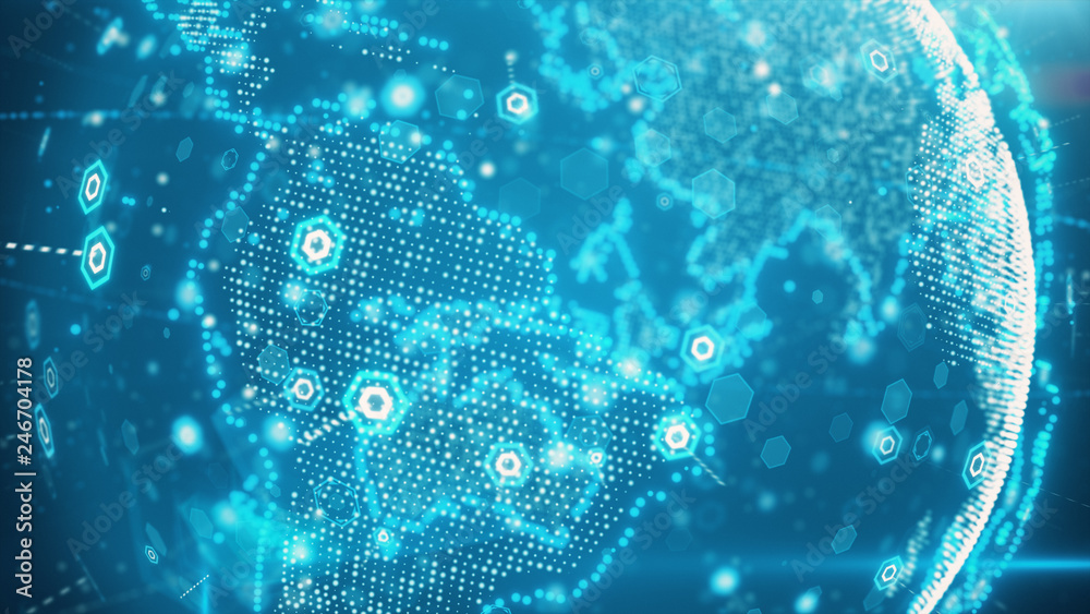 Poster 3d illustration of digital planet earth data abstract of a technological data network transmitting c