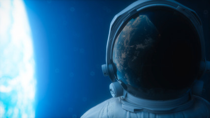 A lone astronaut looks at the planet earth in orbit in outer space, the planet earth reflects in a spacesuit helmet. Cinematic 3d illustration for scientific programs on space, planet earth and others