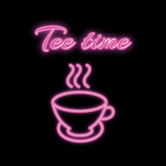 A simple abstract neon bright glowing glowing pink, purple icon, a signboard of hot delicious tea mugs and the inscription tea time and copy space on a white background. Vector illustration
