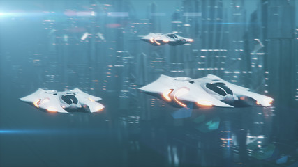 Futuristic 3d illustration, the flight of aircraft on the tech city in the fog © flashmovie