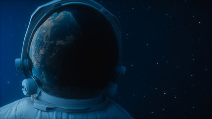 A lone astronaut looks at the planet earth in orbit in outer space, the planet earth reflects in a spacesuit helmet. Cinematic 3d illustration for scientific programs on space, planet earth and others © flashmovie