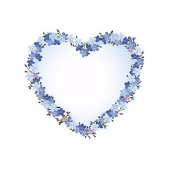 Herz mit Vergissmeinnicht Blumen, Blanko nostalgische Karte, Vektor Illustration isoliert auf weißem Hintergrund