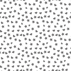 Seamless pattern with red hearts and black stars on white background. Vector illustration