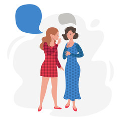 two girl friends gossiping flat vector illustration.