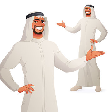 Arab business man presenting. Isolated vector illustration.
