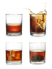 Set of glasses with expensive whiskey on white background