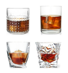 Set of glasses with expensive whiskey on white background