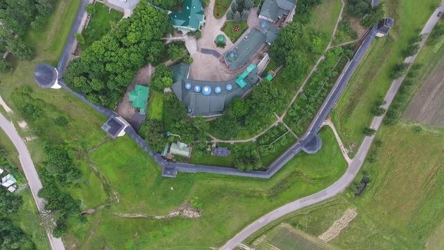 Aerial view on Pskov-Caves monastery or the Pskovo-Pechersky dormition monastery at summer, 4k