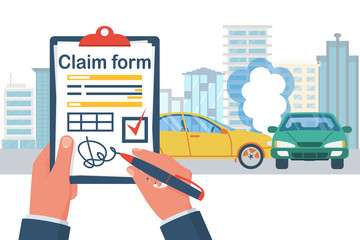 Insurance claim form. Accident concept. Man writes form on background crash car. Transport incident. Vector illustration flat design. Two vehicle collided on the road. 