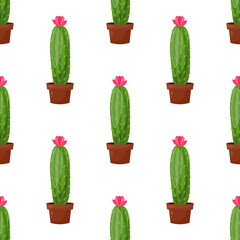 Vector seamless pattern with cactus plant pot, flower. Trendy tropical design for textile, print, clothes