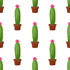Glasschilderij Cactus in pot Vector naadloze patroon met cactus plant pot, bloem. Trendy tropisch ontwerp voor textiel, print, kleding