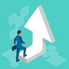 Obraz premium Businessman is climbing up arrow as a symbol of career growth. Career ladder. Concept development. Vector illustration isometric design. Step by step.