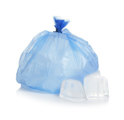 Plastic bag with ice cubes on white background