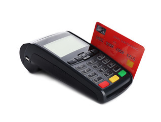 Modern payment terminal with credit card on white background. Space for text