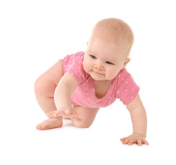 Cute little baby crawling on white background