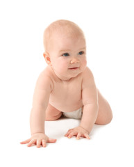 Cute little baby crawling on white background