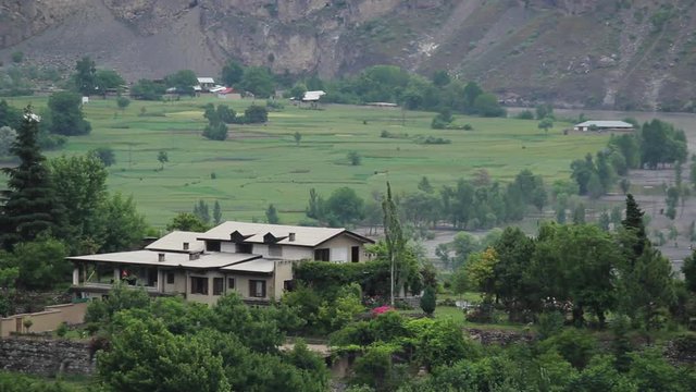 Wide shot of a tribal village residence of the Kalash People in Northern Pakistan