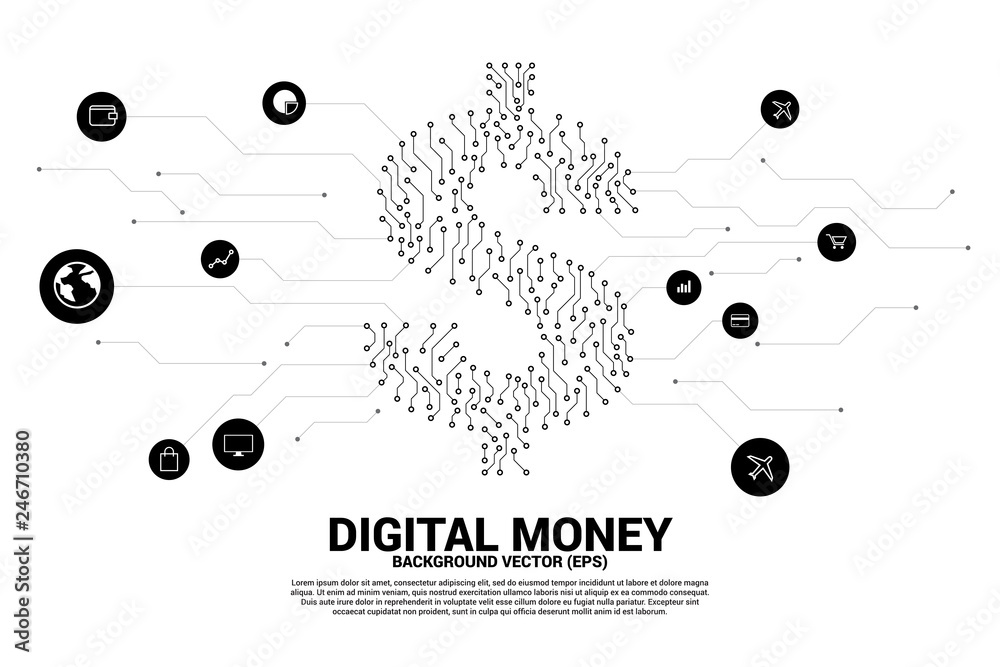 Poster vector money dollar icon from dot connect line circuit board style. concept for financial network co