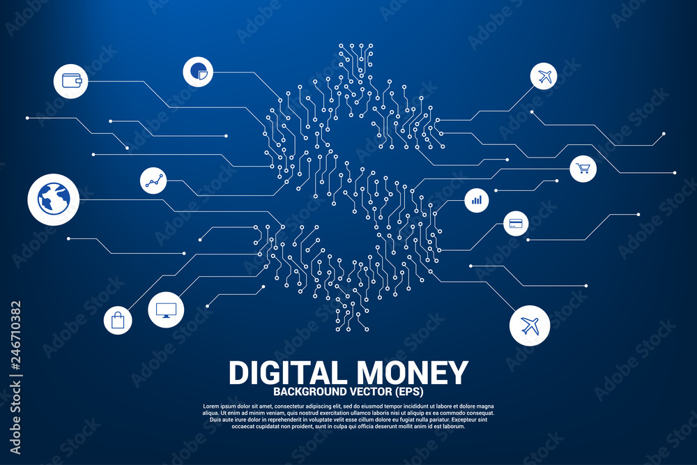 Poster Vector money dollar icon from dot connect line circuit board style. Concept for financial network connection.