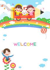 Obraz na płótnie Canvas llustration of cartoon kindergarten. Cute frame with kids, child and frame