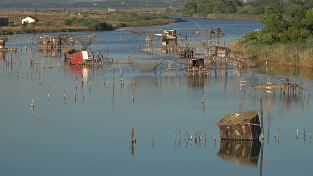 Traditional fishing nets, Old Fish trap at laguna in Ulcinj in Montenegro, 4k