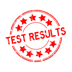 Grunge red test results word with star icon rubber seal stamp on white background