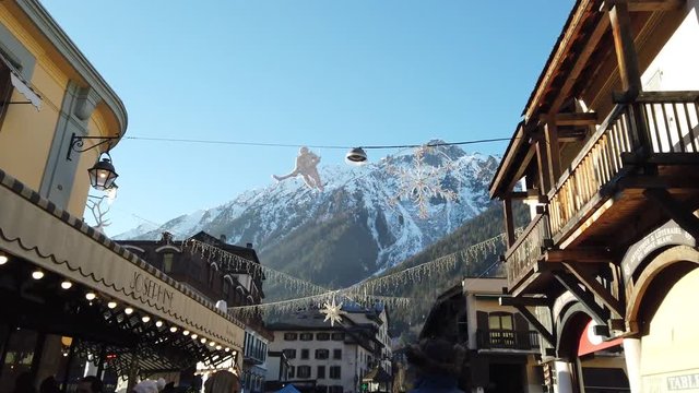 Mountain view from the centre of Chamonix city in France during a sunny day