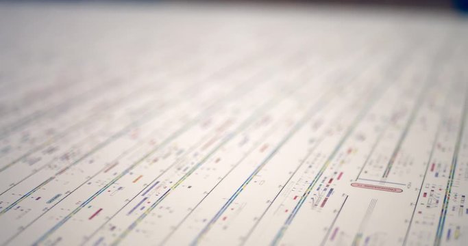 Sliding along a large diagram of the human genome with the genes mapped out in great detail in a science classroom.