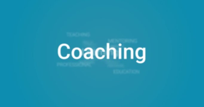 Video Animation showing coaching services (e.g. learning, teaching, mentoring). Blue background, white text. Tag Cloud