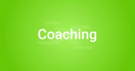 Video Animation showing coaching services (e.g. learning, training, education). Green background, white text. Tag Cloud