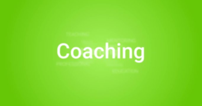 Video Animation showing coaching services (e.g. learning, training, education). Green background, white text. Tag Cloud