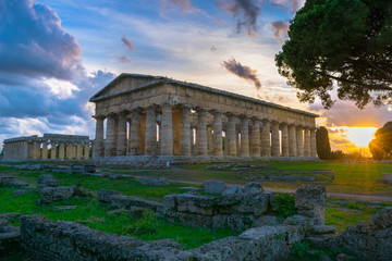 Fototapeta na wymiar Temples of Neptune and Hera in the archaeological site of Paestum, Campania, Italy