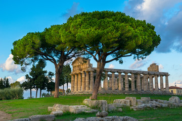 Fototapeta na wymiar Temple of Athena or Temple of Ceres in the archaeological site of Paestum - Campania, Italy