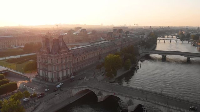 Aerial view to Seine&not;&yen;river, Louvre and Tuileries Gardens at sunrise, Paris, France