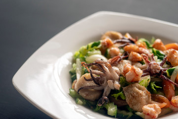 Seafood salad on a white plate on a dark background