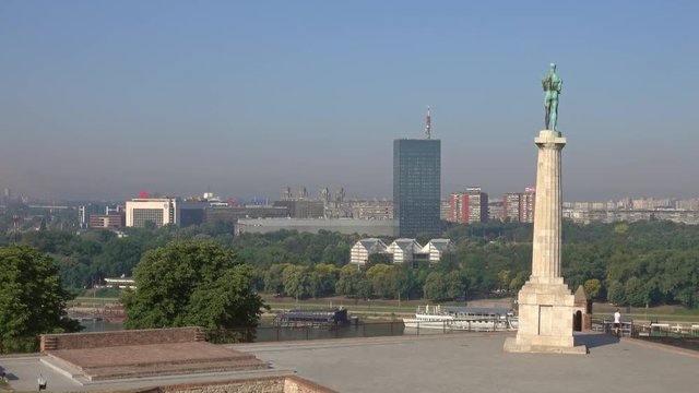 Kalemegdan fortress and Victor monument in Belgrade, Sava and Danube rivers confluence view at sunny summer day, panorama 4k