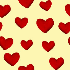 Seamless pattern red hearts on light yellow banana background. Print and textile product concept for Valentine's Day. Gift wraping paper. Art collage