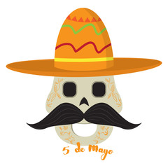 Happy mexican skull with a traditional hat. Cinco de mayo. Vector illustration design