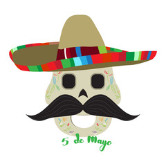 Happy mexican skull with a traditional hat. Cinco de mayo. Vector illustration design
