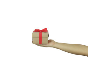 Hand of man holding a gift box on white background and have clipping paths.